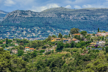 Fototapeta na wymiar View of picturesque valley in Cote dAzur from Cagnes-sur-Mer. Cagnes-sur-Mer (between Nice and Cannes) - commune of Alpes-Maritimes department in Provence Alpes - Cote d'Azur region, France. Europe.