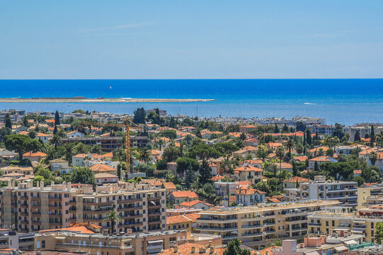 View of picturesque valley in Cote dAzur from Cagnes-sur-Mer. Cagnes-sur-Mer (between Nice and Cannes) - commune of Alpes-Maritimes department in Provence Alpes - Cote d'Azur region, France. Europe.
