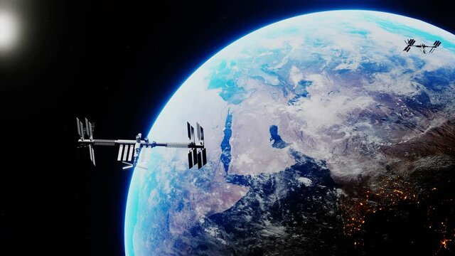 Space shuttle and space station orbiting realistic planet earth. International Space Station revolving over ocean and mainland. Exploration mission. Images from NASA. 3D render animation