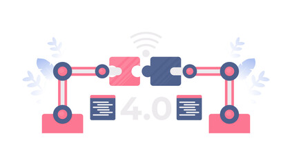 the concept of the industrial revolution 4.0, IoT, wireless. illustration of a hand machine trying to connect a puzzle piece. flat design. can be used for elements, landing pages, UI, websites.