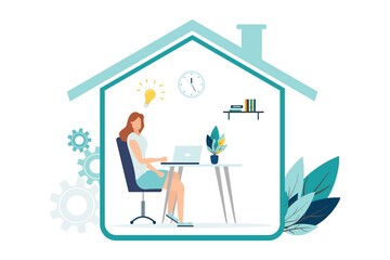 Vector illustration, work from home online, creative space, self-isolation, freelancer working on a laptop