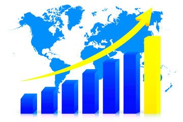 Growth arrow and bar graph on World map. Global business growth concept.