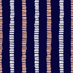 Hand-drawn whimsical textured organic vertical stripes vector seamless pattern. Fresh tie-dye abstract geometric marks print in indigo and coral. Marks, scribbles. Perfect for home decor