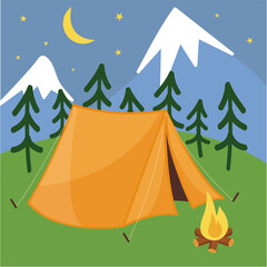 Illustration in flat style with tent, campfire, mountains, forest and water. Background for summer camp, nature tourism, camping