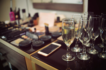 Make up products and champagne