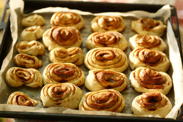 cinnamon fresh baked sweet bun rolls dessert on tray close up photo