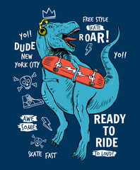 Skater dinosaur vector illustration with slogans, for t-shirt prints  and other uses.  © cddesign.co