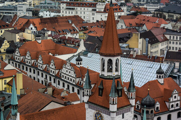 Obraz premium Aerial view to historical center with Old Town Hall and Heiliggeistkirche in Munich, Bavaria, Germany. October 2014