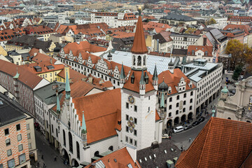 Fototapeta na wymiar Aerial view to historical center with Old Town Hall and Heiliggeistkirche in Munich, Bavaria, Germany. October 2014