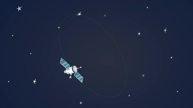 Satellite in 4k cartoon style with dish aerial on blue background.