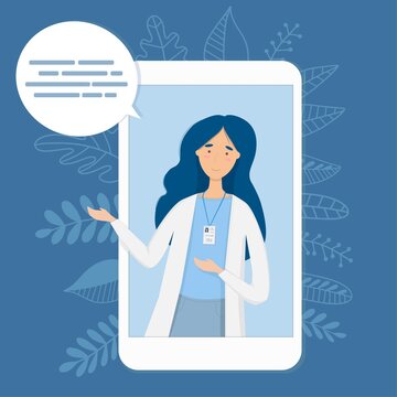 Vector flat colorful image of woman with long hair, online doctor service, lady in white medical gown, blue shirt and pants, in cellphone frame, with leaves decor, isolated on dark blue background