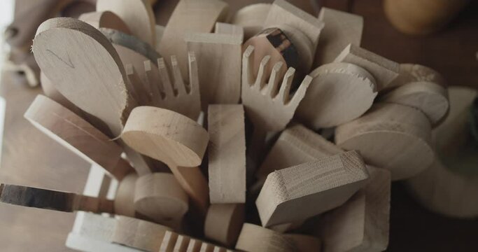 Bunch of wood billets for making wooden products close-up