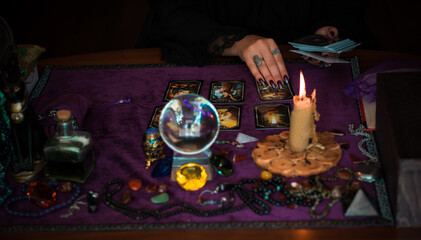 Old world, Magic attributes for rituals and fate prediction, details on a table of witch, occultism concept