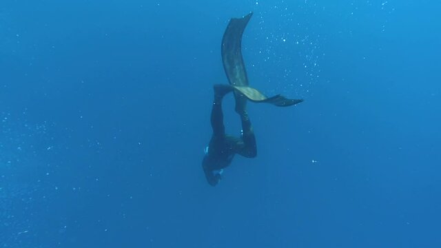 a diving photographer in clear blue sea