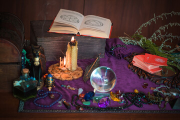 Old world, Magic attributes for rituals and fate prediction, details on a table of witch, occultism concept