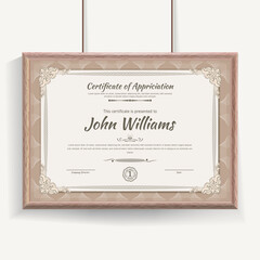 Official beige guilloche border for certificate. Vector illustration. Certificate in beige wooden frame hanging on wall