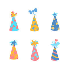 Festive party caps for your dogs birthday. Set of vector illustrations with caps for puppies. Bones, stripes, paws, buboes. Cute hats for animals. Isolated on a white background