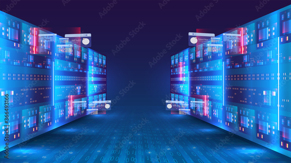 Aufkleber server room and big data processing concept, digital information technology, neon blue gradient. con