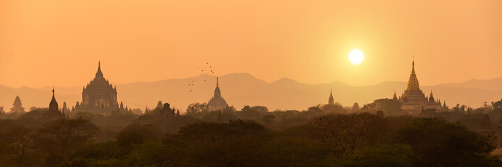 Panorama of temples silhouettes in Bagan at sunset, Burma, Myanmar