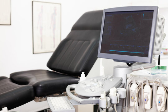 Modern medical equipment, medical ultrasound machine with probes in clinic diagnostic room
