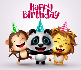 Happy birthday animal party characters vector design. Happy birthday text with animals friends character like monkey, panda and lion wearing party hat element for kids greeting card invitation. 