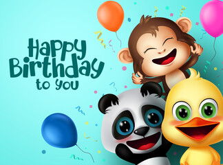 Birthday party animals character vector design. Happy birthday text with friends surprise animal characters and colorful party elements like balloon and confetti for kids celebration greeting card.