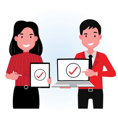Fototapeta premium achieve goal picture feature and man and woman standing next to each other holding a computer with a correct sign
