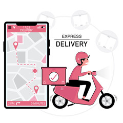food delivery picture showing a man is riding a scooter with background of map in phone screen