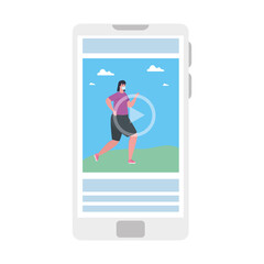 online sport tutorial, woman wearing medical mask, in smartphone practicing sport vector illustration design