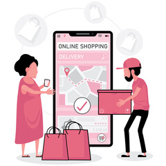 Online shopping picture feature a lady order stuff from phone screen and have delivery guy deliver shopping bad and a box to her

