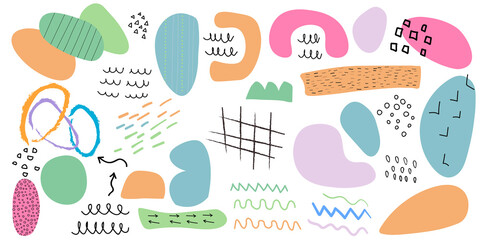 Big abstract set of hand drawn various shapes and doodle objects. Abstract contemporary modern trendy sock vector illustration isolated on white background. Design for card, print on clothes.