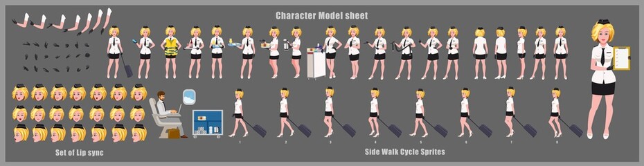Stewardess Character Design Model Sheet with walk cycle animation. Girl Character design. Front, side, back view and explainer animation poses. Character set with various views and lip sync