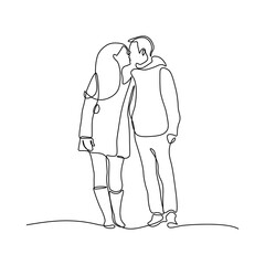 Kissing couple in continuous line art drawing style. Romantic moment of loving man and woman kissing. Minimalist black linear sketch isolated on white background. Vector illustration