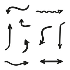 Infographic elements on isolated white background. Hand drawn simple arrows. Line art. Set of different pointers. Black and white illustration