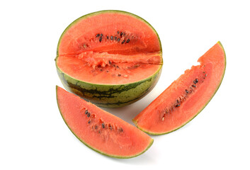 ripe watermelon cut into slices on a white background, close-up, text space