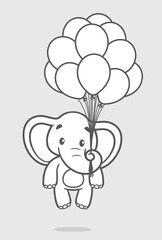 Vector line elephant holding inflatable balloons and flying
