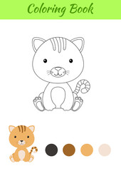 Coloring page little sitting baby cat. Coloring book for kids. Educational activity for preschool years kids and toddlers with cute animal. Flat cartoon colorful vector stock illustration.