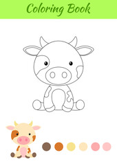 Coloring page little sitting baby cow. Coloring book for kids. Educational activity for preschool years kids and toddlers with cute animal. Flat cartoon colorful vector stock illustration.