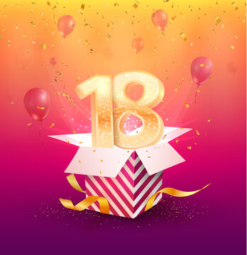 18 th years anniversary vector design element. Isolated Eighteen years jubilee with gift box, balloons and confetti on a bright background. 