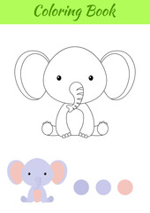 Coloring page little sitting baby elephant. Coloring book for kids. Educational activity for preschool years kids and toddlers with cute animal. Flat cartoon colorful vector stock illustration.