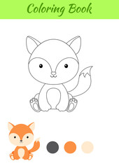 Coloring page little sitting baby fox. Coloring book for kids. Educational activity for preschool years kids and toddlers with cute animal. Flat cartoon colorful vector stock illustration.