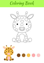 Coloring page little sitting baby giraffe. Coloring book for kids. Educational activity for preschool years kids and toddlers with cute animal. Flat cartoon colorful vector stock illustration.