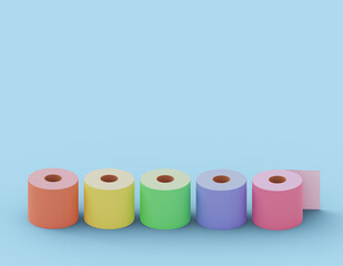 Simple rolls of multi-colored toilet paper on blue backdrop, place for texts. 3d illustration