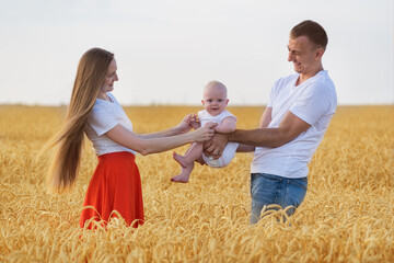 Mom and dad holding cute baby outdoors. Young family in wheat field.