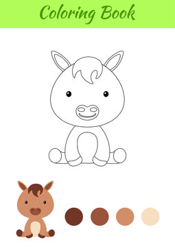 Coloring page little sitting baby horse. Coloring book for kids. Educational activity for preschool years kids and toddlers with cute animal. Flat cartoon colorful vector stock illustration.