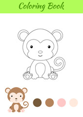 Coloring page little sitting baby monkey. Coloring book for kids. Educational activity for preschool years kids and toddlers with cute animal. Flat cartoon colorful vector stock illustration.
