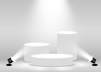 Stage Podium Scene for Award Ceremony illuminated with spotlight. Award ceremony concept. Stage backdrop.