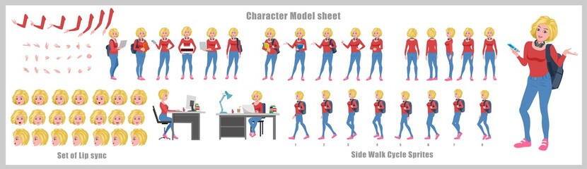 Fototapeta premium Blond Hair Girl Student Character Design Model Sheet with walk cycle animation. Girl Character design. Front, side, back view and explainer animation poses. Character set with lip sync 