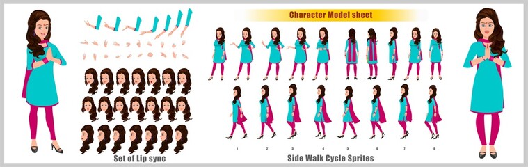 Indian Girl Character Design Model Sheet with walk cycle animation. Girl Character design. Front, side, back view and explainer animation poses. Character set with various views and lip sync 