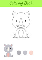 Coloring page little sitting baby rhino. Coloring book for kids. Educational activity for preschool years kids and toddlers with cute animal. Flat cartoon colorful vector stock illustration.